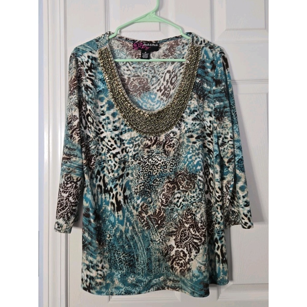 Women's Peck & Peck Multicolor 3/4 Sleeve Shirt Top Beaded Medium